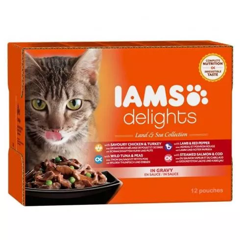Iams Cat Delights LAND& SEA IN GRAVY multipack, többféle íz, ízletes szószban 12x85g