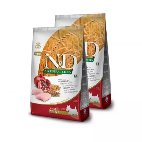 N&D Ancestral Grain Dog csirke, tönköly, zab&gránátalma adult mini 2x2,5kg