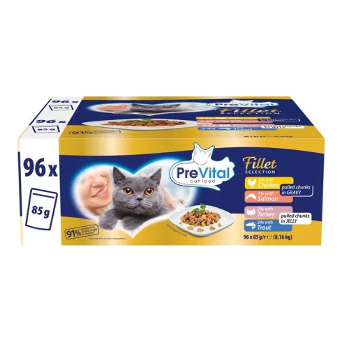 PreVital Fillet Selection nedves macskaeledel, macskatáp felnőtt macskáknak alutasakos 96 x 85 g