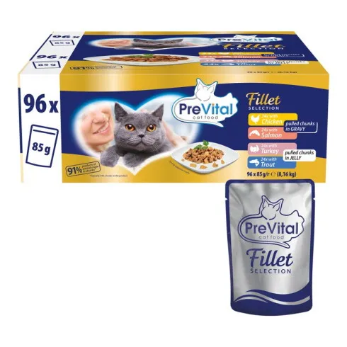 PreVital Fillet Selection nedves macskaeledel, macskatáp felnőtt macskáknak alutasakos 96 x 85 g