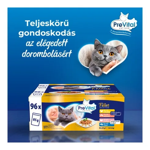 PreVital Fillet Selection nedves macskaeledel, macskatáp felnőtt macskáknak alutasakos 96 x 85 g