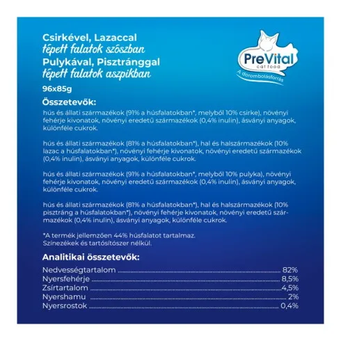 PreVital Fillet Selection nedves macskaeledel, macskatáp felnőtt macskáknak alutasakos 96 x 85 g